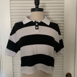 crop polo, black and white stripes